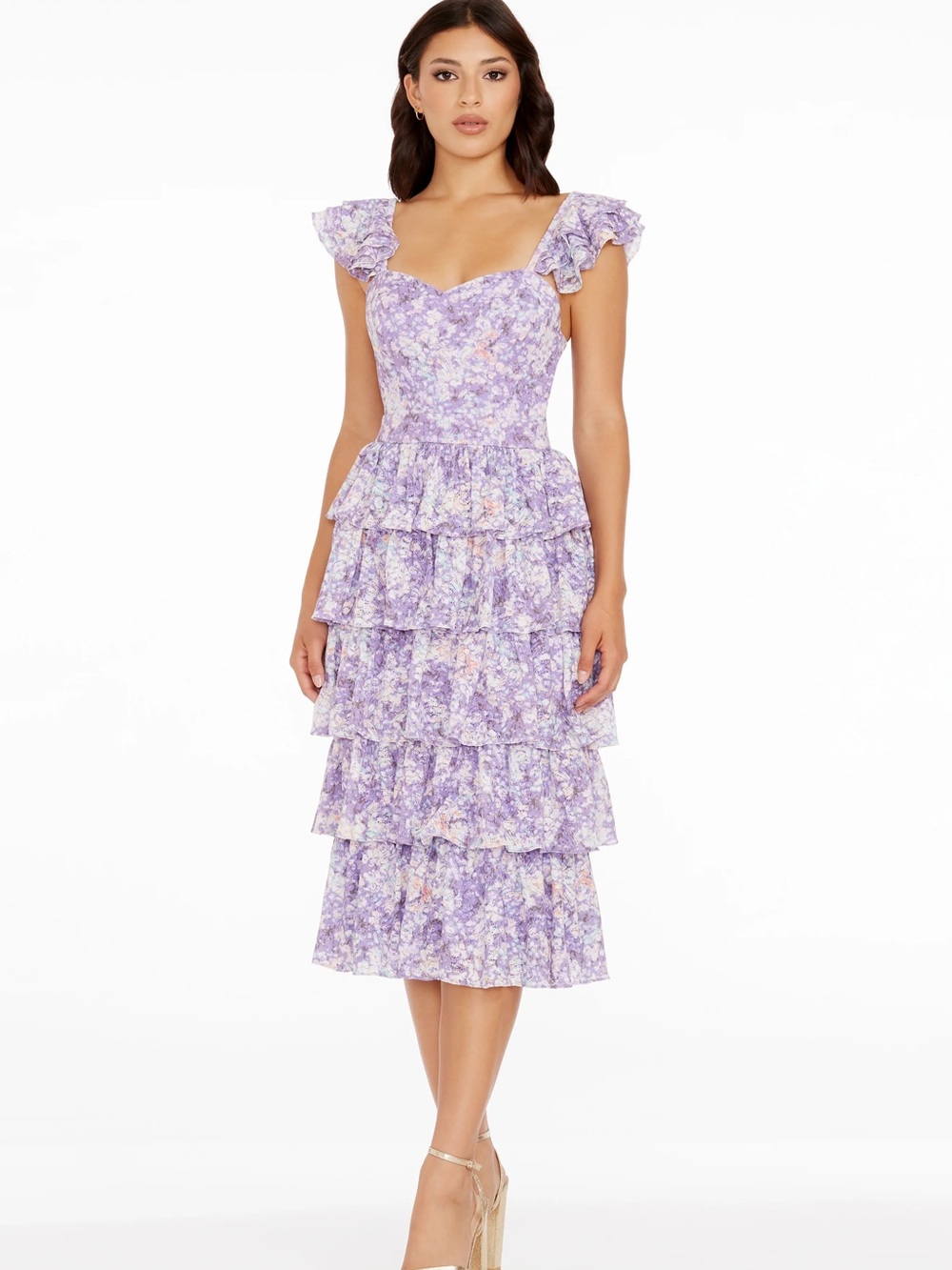 Dress The Population Kristen Floral Ruffle Tier Midi Dress - Purple